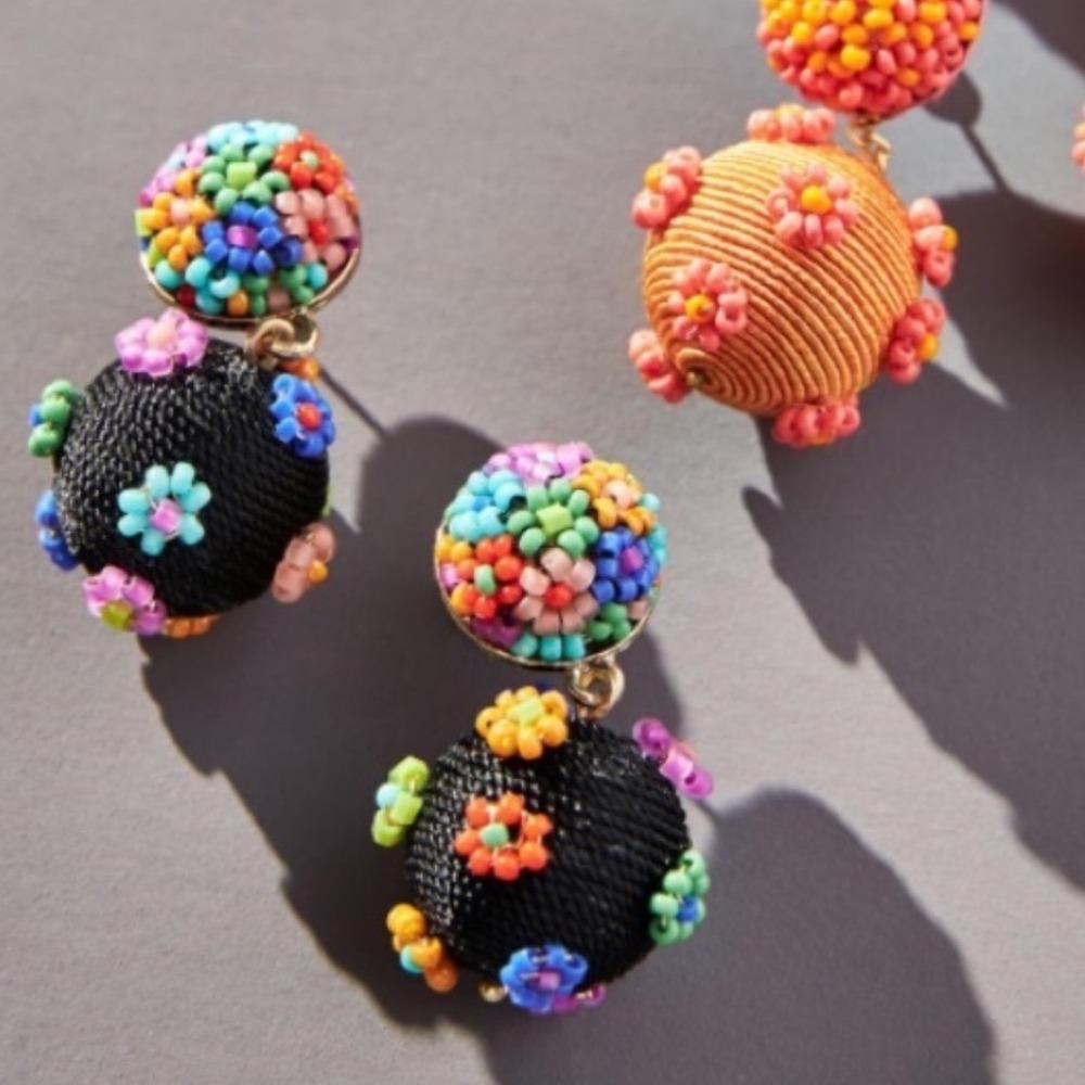 Anthropologie Suzanna Dai Flower Beaded Drop Earrings Multi Black Boho Statement